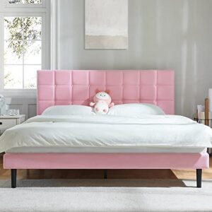 molblly twin bed frame upholstered platform with headboard and strong wooden slats,non-slip and noise-free,no box spring needed, easy assembly,pink