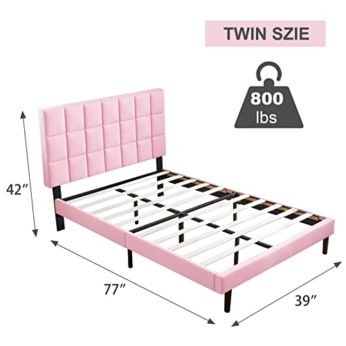 Molblly Twin Bed Frame Upholstered Platform with Headboard and Strong Wooden Slats,Non-Slip and Noise-Free,No Box Spring Needed, Easy Assembly,Pink