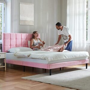 Molblly Twin Bed Frame Upholstered Platform with Headboard and Strong Wooden Slats,Non-Slip and Noise-Free,No Box Spring Needed, Easy Assembly,Pink