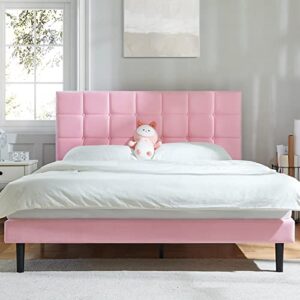 molblly full bed frame upholstered platform with headboard and strong wooden slats,non-slip and noise-free,no box spring needed, easy assembly,pink