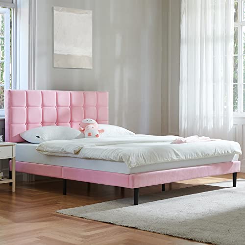 Molblly Full Bed Frame Upholstered Platform with Headboard and Strong Wooden Slats,Non-Slip and Noise-Free,No Box Spring Needed, Easy Assembly,Pink
