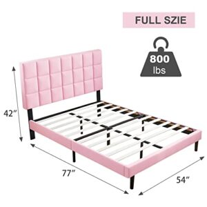 Molblly Full Bed Frame Upholstered Platform with Headboard and Strong Wooden Slats,Non-Slip and Noise-Free,No Box Spring Needed, Easy Assembly,Pink