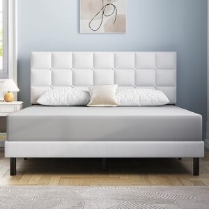 molblly full bed frame upholstered platform with headboard and strong wooden slats, non-slip and noise-free,no box spring needed, easy assembly,white