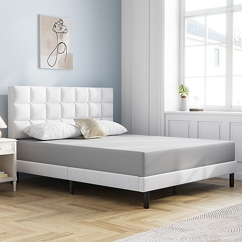 Molblly Full Bed Frame Upholstered Platform with Headboard and Strong Wooden Slats, Non-Slip and Noise-Free,No Box Spring Needed, Easy Assembly,White