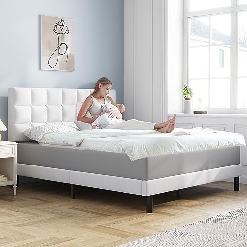 Molblly Full Bed Frame Upholstered Platform with Headboard and Strong Wooden Slats, Non-Slip and Noise-Free,No Box Spring Needed, Easy Assembly,White