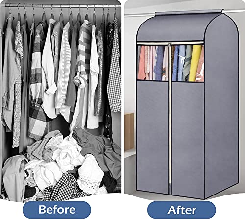 SLEEPING LAMB 60'' Hanging Garment Bags for Closet Storage Sealed Completely Jackets Coats Suits Clothes Rack Cover for Wardrobe with Clear PVC Window, 2 Packs, Grey (Hanging Rod Not Included)