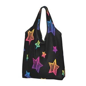kitchen reusable grocery bags neon-gradient-star-pattern shopping bags washable foldable carry pouch tote gift bags durable