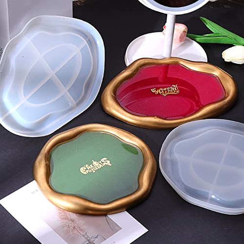 2PCS Large Resin Tray Molds Irregular Oval Round Tray Silicone Mold with Edge Jewelry Tray Trinket Plate Candle Holder Mold for Epoxy Resin Casting Concrete Cement DIY Art Craft Home Decor