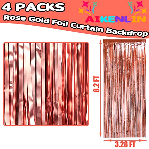 4 Pack 3.2Ft x 8.2Ft Rose Gold Foil Fringe Curtain Backdrop, Metallic Tinsel Foil Fringe Streamers Curtains Background for Photo Booth, Birthday, Wedding, Halloween, Christmas Party Decoration