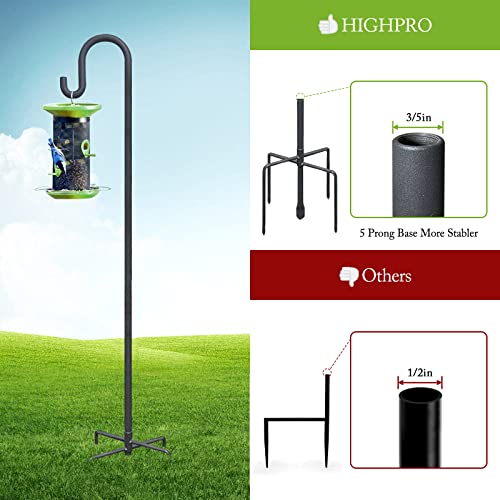 Highpro 63" Shepherds Hooks for Outdoor, Heavy Duty Bird Feeder Pole with 5 Base Prongs, Adjustable Garden Hanging Holder for Bird Feeders, Solar Light Lanterns, Garden Plant Hanger Stands