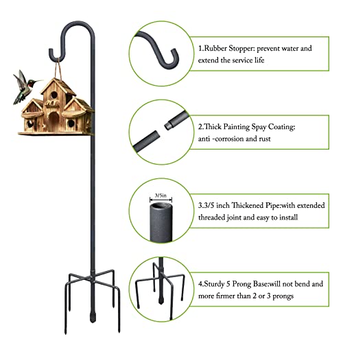 Highpro 63" Shepherds Hooks for Outdoor, Heavy Duty Bird Feeder Pole with 5 Base Prongs, Adjustable Garden Hanging Holder for Bird Feeders, Solar Light Lanterns, Garden Plant Hanger Stands