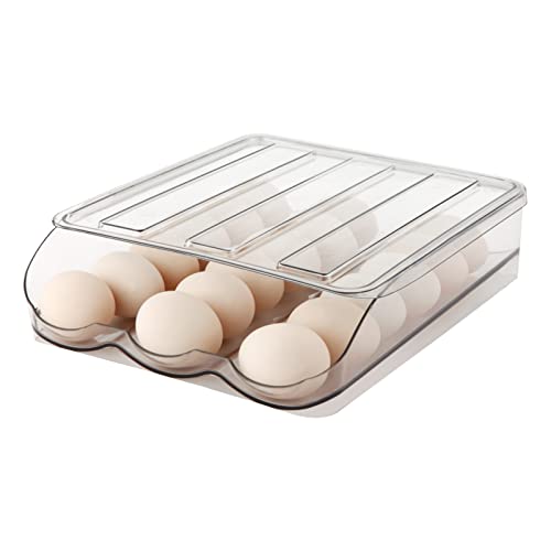 MesRosa Egg Holder for Refrigerator, Automatically Rolling Egg Storage Container for Refrigerator,Large Capacity Egg Organizer for Fridge with Lid,Clear Plastic Egg Dispenser, Tray & Bin -1 Layer