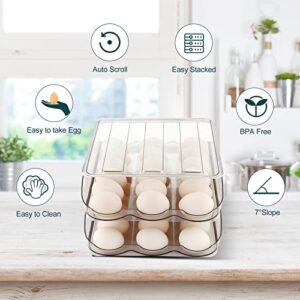 MesRosa Egg Holder for Refrigerator, Automatically Rolling Egg Storage Container for Refrigerator,Large Capacity Egg Organizer for Fridge with Lid,Clear Plastic Egg Dispenser, Tray & Bin -1 Layer