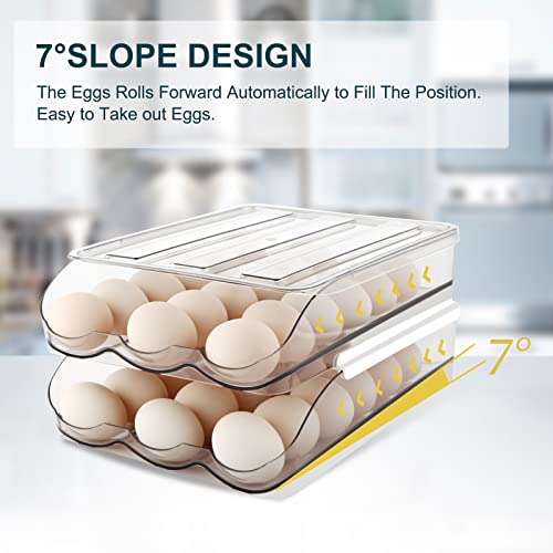 MesRosa Egg Holder for Refrigerator, Automatically Rolling Egg Storage Container for Refrigerator,Large Capacity Egg Organizer for Fridge with Lid,Clear Plastic Egg Dispenser, Tray & Bin -1 Layer