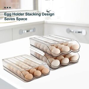 MesRosa Egg Holder for Refrigerator, Automatically Rolling Egg Storage Container for Refrigerator,Large Capacity Egg Organizer for Fridge with Lid,Clear Plastic Egg Dispenser, Tray & Bin -1 Layer