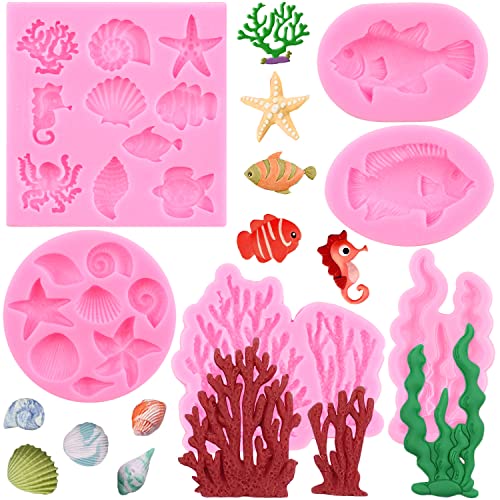 LKDQUTHM Marine Theme Fondant Cake Mold Coral Seashell Conch Fish Seahorse Starfish Octopus Silicone Molds For Cake Decorating Cupcake Topper Candy Chocolate Gum Paste Polymer Clay Set Of 6