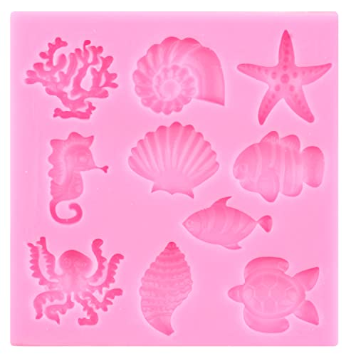 LKDQUTHM Marine Theme Fondant Cake Mold Coral Seashell Conch Fish Seahorse Starfish Octopus Silicone Molds For Cake Decorating Cupcake Topper Candy Chocolate Gum Paste Polymer Clay Set Of 6