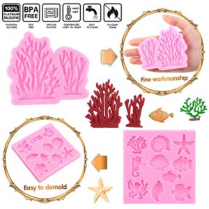 LKDQUTHM Marine Theme Fondant Cake Mold Coral Seashell Conch Fish Seahorse Starfish Octopus Silicone Molds For Cake Decorating Cupcake Topper Candy Chocolate Gum Paste Polymer Clay Set Of 6