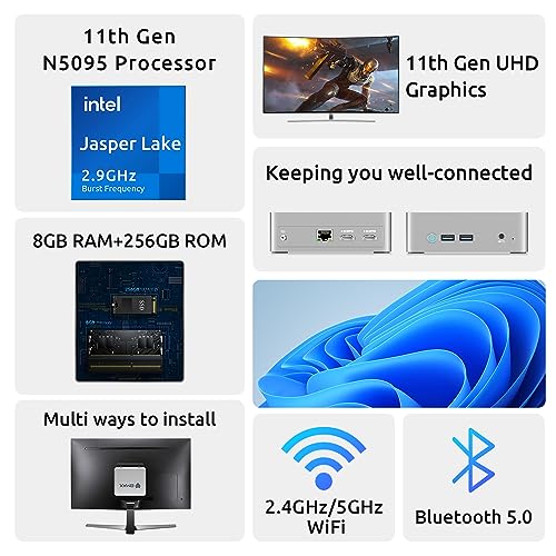 Bmax B3 Mini PC 8GB DDR4 256GB SSD, Intel 11th Gen N5095 Processor (up to 2.9GHz) 4C/4T W11 Pro Mini Desktop Computer, WiFi/BT/HDMIx2 Support 4K Dual Screen Display, Wake On LAN, Auto Power On