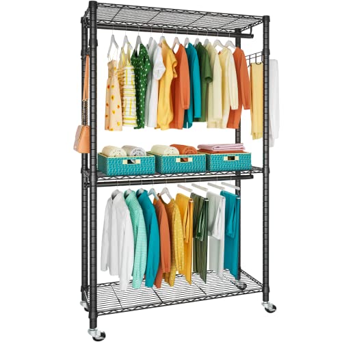 FUTASSI Portable Closets, 3 Tiers Heavy-Duty Rolling Garment Rack, Free-Standing Adjustable Clothes Storage and Organizer System with 2 Hanger Rods, 35.4" L x 15.7" D x 78.7" H, Black