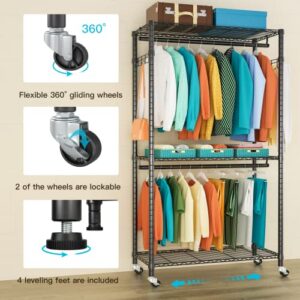 FUTASSI Portable Closets, 3 Tiers Heavy-Duty Rolling Garment Rack, Free-Standing Adjustable Clothes Storage and Organizer System with 2 Hanger Rods, 35.4" L x 15.7" D x 78.7" H, Black