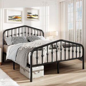 allewie full size metal platform bed frame with vintage headboard and footboard, no box spring needed, easy assembly, black