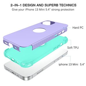 BENTOBEN iPhone 13 Mini Case, Phone Case iPhone 13 Mini, Heavy Duty 2 in 1 Full Body Rugged Shockproof Protection Hybrid Hard PC Bumper Drop Protective Girls Women Boy Men Covers, Purple/Mint