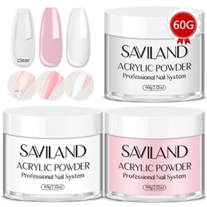 saviland acrylic powder set - 3 colors clear white pink acrylic powder, professional acrylic nail powder polymer for nail extension & carving french manicure 28+ days long lasting