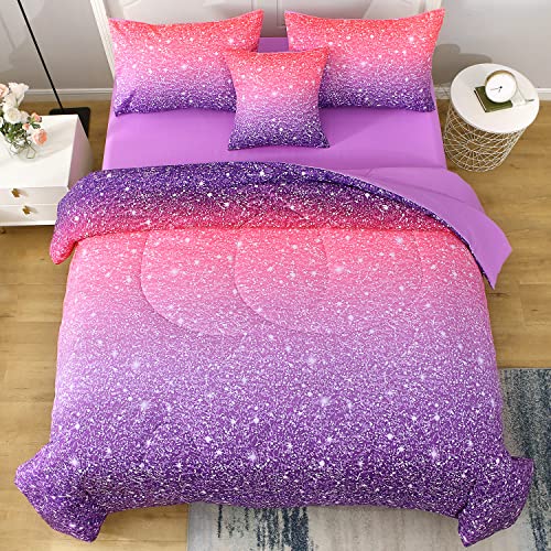 JQinHome Twin Pink Purple Comforter Set, 6 Piece Bed in A Bag 3D Colorful Bedding Set for Girls Kids (1 Comforter,2 Pillowcases,1 Flat Sheet,1 Fitted Sheet,1 Cushion Cover)(Pink Purple)