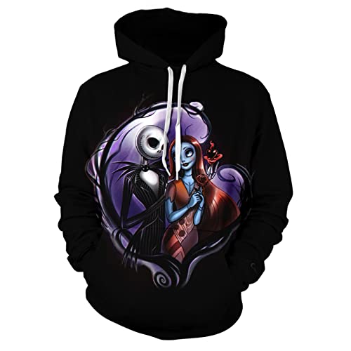 SLYSZMC Men and Women Christmas Hoodies Jack & Sally 3D Pritnted Novelty Hoodies Unisex Pullover Sweatshirts 2-Small