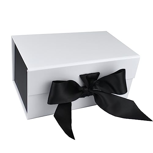 PACK2PACK Luxury Foldable Gift Box with Fixed Ribbon | Collapsible Box with Magnetic Closure | Weddings, Bridal Showers, Corporate Gifts | 100% Recycled Paper (Medium, Black/White)