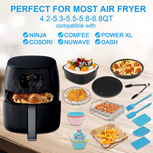 Square Air Fryer Accessories, 8 Inch XL Set of 19 Pcs Deep Fryer Accessories, for Philips Cosori Ninja Gowise Gourmia Air Fryer, fit 3.8Qt or Larger Air Fryer, with Disposable Parchment Paper Liners