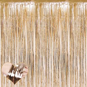 4 pack champagne gold fringe curtain backdrop, 3.2ft x 8.2ft metallic tinsel foil fringe streamers curtains background for photo booth birthday baby shower party thanksgiving christmas decorations