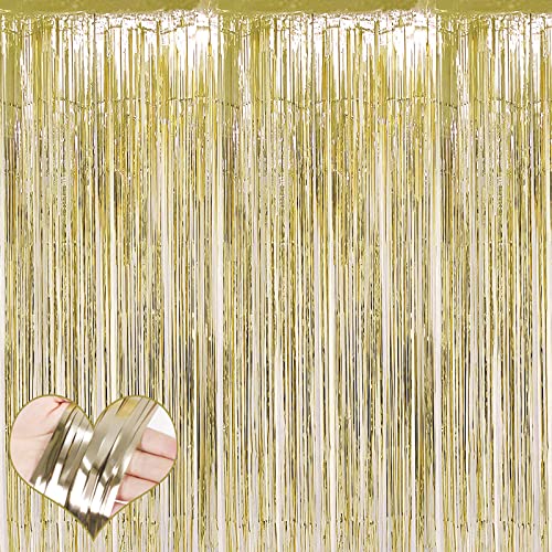 4 Pack Light Gold Fringe Curtain Backdrop, 3.2Ft x 9.8Ft Metallic Tinsel Foil Fringe Streamers Background for Photo Booth Birthday Wedding Baby Shower Carnival Easter Mother’s Day Party Decorations
