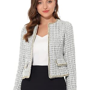 Allegra K Women's Plaid Tweed Blazer Long Sleeve Open Front Work Office Short Jacket Medium White