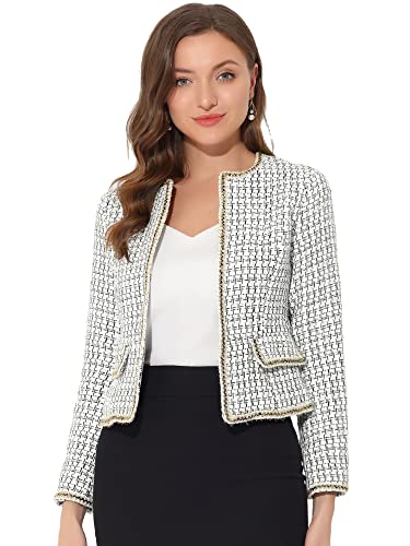 Allegra K Women's Plaid Tweed Blazer Long Sleeve Open Front Work Office Short Jacket Medium White