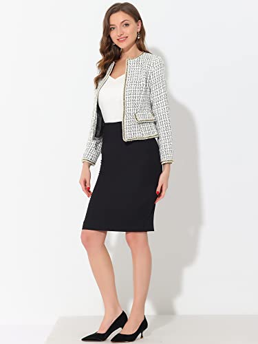 Allegra K Women's Plaid Tweed Blazer Long Sleeve Open Front Work Office Short Jacket Medium White