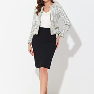 Allegra K Women's Plaid Tweed Blazer Long Sleeve Open Front Work Office Short Jacket Medium White