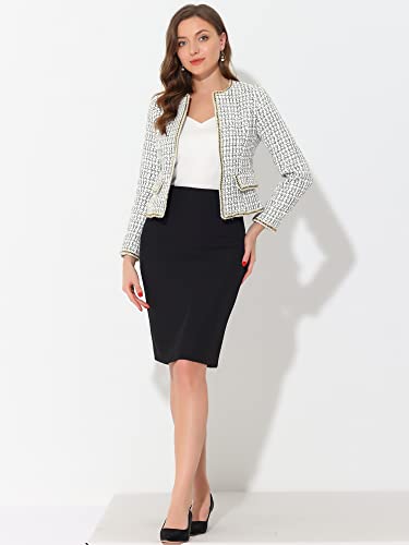 Allegra K Women's Plaid Tweed Blazer Long Sleeve Open Front Work Office Short Jacket Medium White