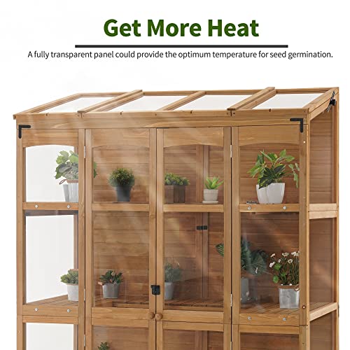 MCombo Wooden Greenhouse, Walk-in Outdoor Greenhouse with Openable Roof and Lockable Door, 0899 (Natural)