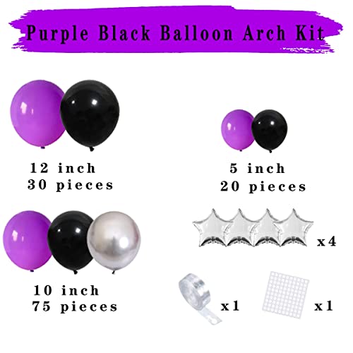 Purple, Metallic Silver, Black Balloons Arch - 121PCS Purple and Black Balloons Chrome Silver Balloon for Video Game Miner Birthday Engagement Graduation Halloween Purple Party Decorations