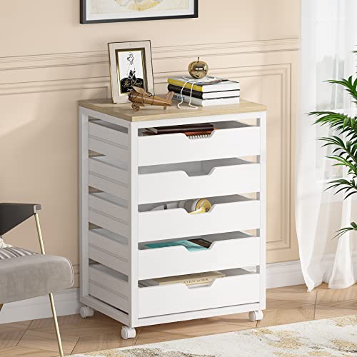 Tribesigns 5 Drawer Chest, Wood Storage Dresser Cabinet with Wheels, Industrial Storage Drawer Organizer Cart for Office Bedroom Entryway (White, 1 PC)