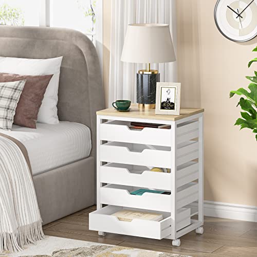 Tribesigns 5 Drawer Chest, Wood Storage Dresser Cabinet with Wheels, Industrial Storage Drawer Organizer Cart for Office Bedroom Entryway (White, 1 PC)