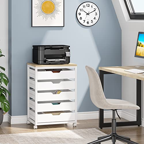 Tribesigns 5 Drawer Chest, Wood Storage Dresser Cabinet with Wheels, Industrial Storage Drawer Organizer Cart for Office Bedroom Entryway (White, 1 PC)