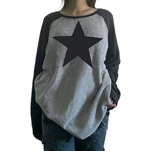 abyovrt women star shirt y2k tops vintage aesthetic patchwork long sleeve tee shirts 90s grunge clothes (b-grey, small)