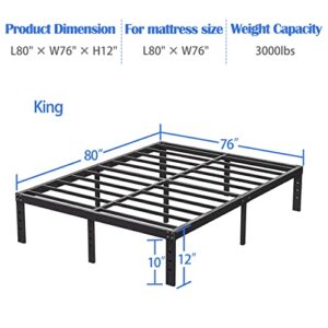 Woozuro King Bed Frame, 12 Inch Heavy Duty Metal Platform Bed Frame No Box Spring Needed, Reinforced Steel Slats Support Mattress Foundation, Easy Assembly, Noise Free, Black