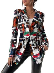 wdirara women's graphic print button front long sleeve causal work blazer jacket coat multicolor white m