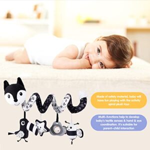 HILENBO Car Seat Toys, Infant Baby Black Fox Spiral Plush Activity Hanging Toys for Car Seat Stroller Bar Crib Bassinet Mobile with Music Box BB Squeaker and Rattles（Black）