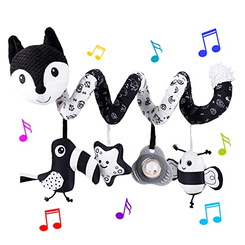 HILENBO Car Seat Toys, Infant Baby Black Fox Spiral Plush Activity Hanging Toys for Car Seat Stroller Bar Crib Bassinet Mobile with Music Box BB Squeaker and Rattles（Black）