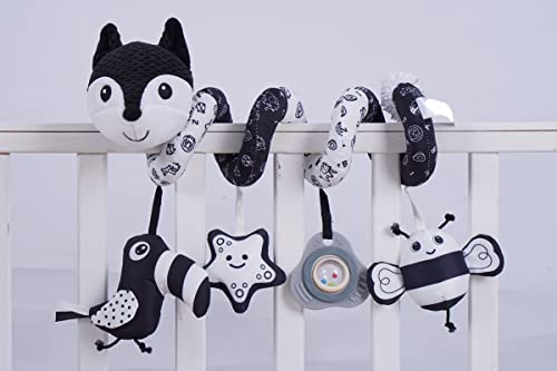 HILENBO Car Seat Toys, Infant Baby Black Fox Spiral Plush Activity Hanging Toys for Car Seat Stroller Bar Crib Bassinet Mobile with Music Box BB Squeaker and Rattles（Black）